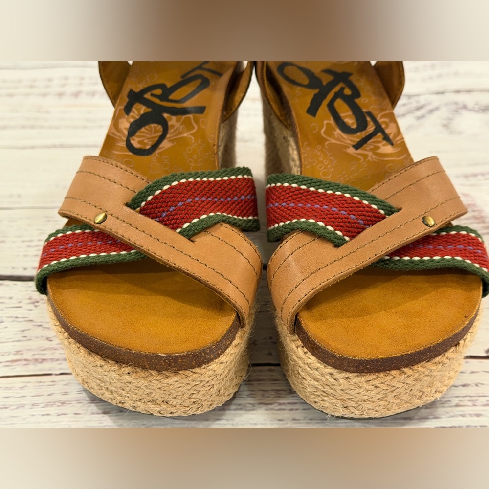 OTBT Sandals Womens 7.5 Top Sail Espadrilles Wedge Brown Leather Beach Hippie - Picture 3 of 8